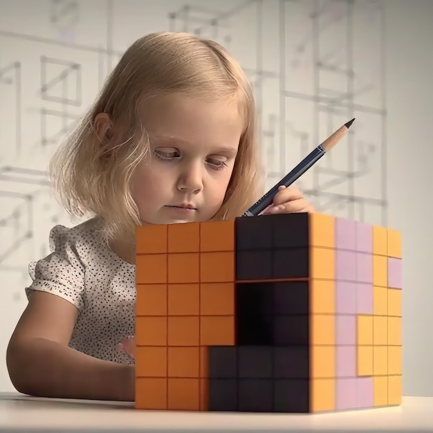 Una niña está dibujando un cubo con un lápiz.