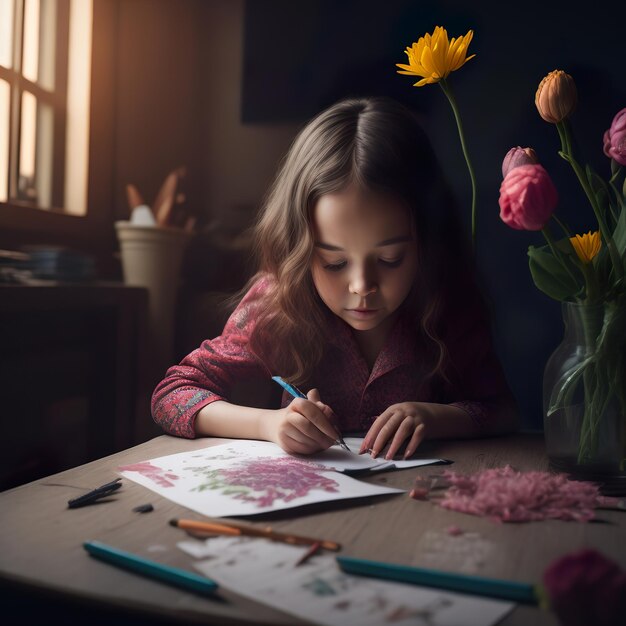 Una niña está dibujando flores y un jarrón de flores.