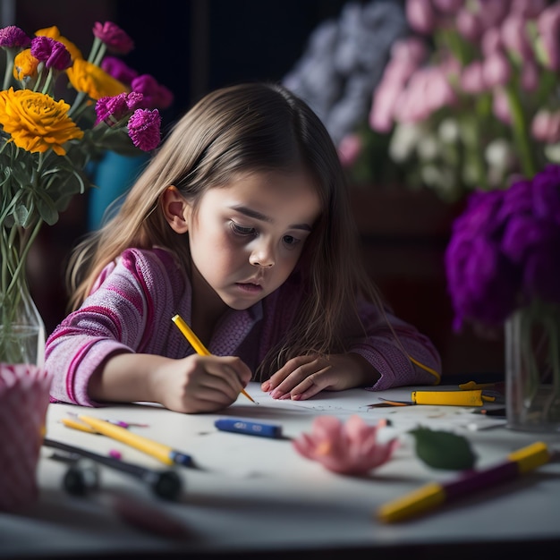 Una niña está dibujando flores con un lápiz.