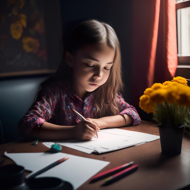 Una niña está dibujando en una hoja de papel con un lápiz amarillo.