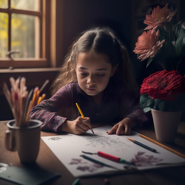 Una niña está dibujando en una hoja de papel con un lápiz amarillo.