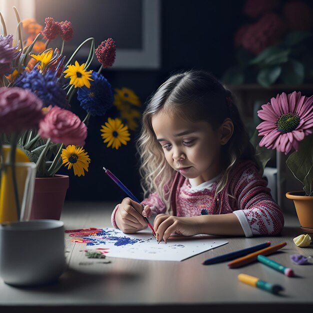 Una niña está dibujando en una hoja de papel con un lápiz amarillo.