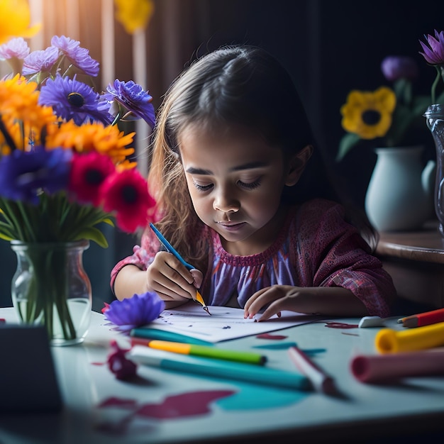 Una niña está dibujando con un lápiz y flores en el fondo.