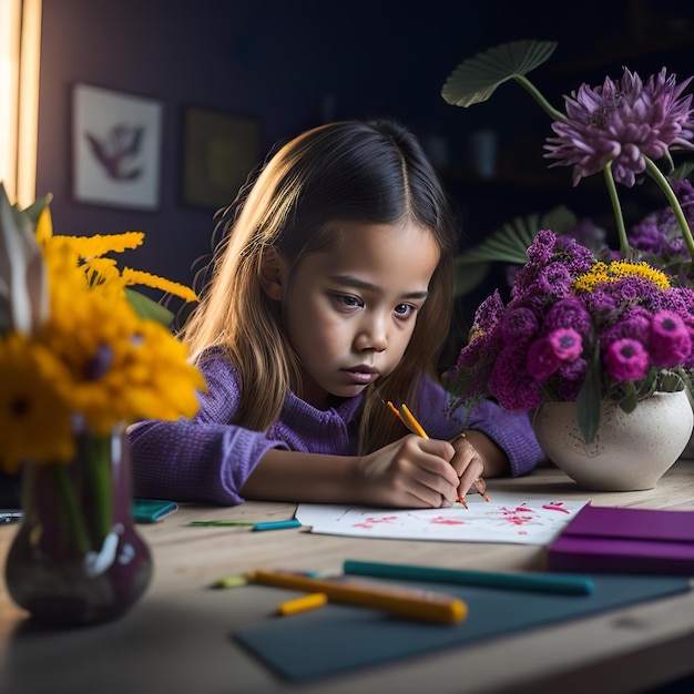 Una niña está dibujando con un lápiz sobre una mesa.