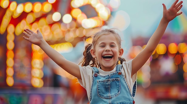 La niña se está divirtiendo en la feria, se está riendo y levantando las manos en el aire, el fondo es borroso y lleno de luces.