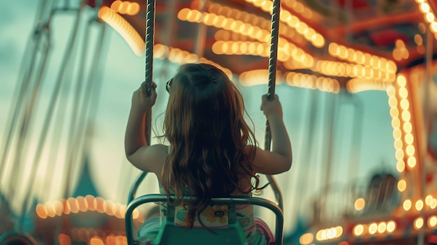 La niña se está divirtiendo en el parque de atracciones está sentada en un columpio y mirando las luces el fondo está borroso y fuera de foco