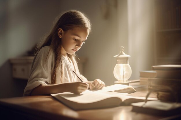 Una niña está escribiendo en un libro en un escritorio.