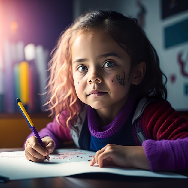 Una niña está escribiendo en un papel con un lápiz rosa en el aula.