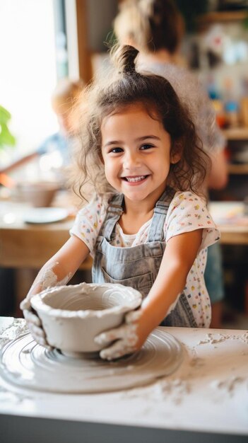 una niña está haciendo un cuenco de arcilla