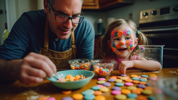 Una niña está haciendo un dulce en forma de corazón con su padre.