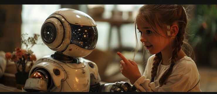 Foto una niña está jugando con un robot.