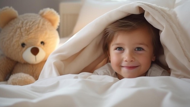 una niña está bajo una manta con un oso de peluche