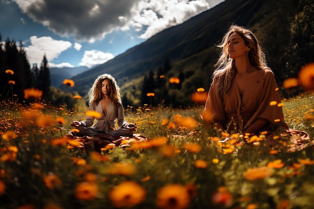 Una niña está meditando en un campo de flores.