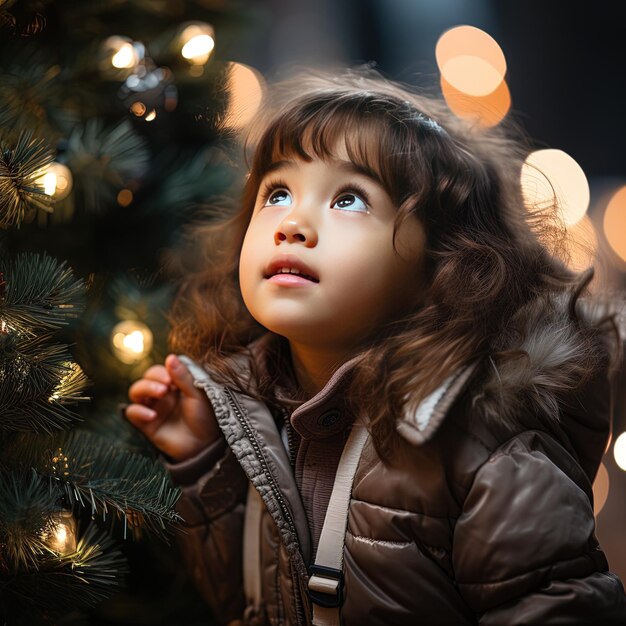 una niña está mirando hacia arriba a un árbol de Navidad