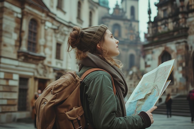 La niña está mirando un mapa en la ciudad de Cracovia