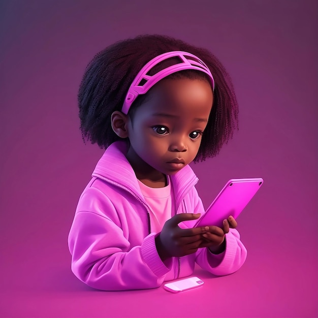 una niña está mirando un teléfono con un fondo rosa