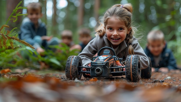 una niña está montando un coche de juguete con la palabra alegría en el lado
