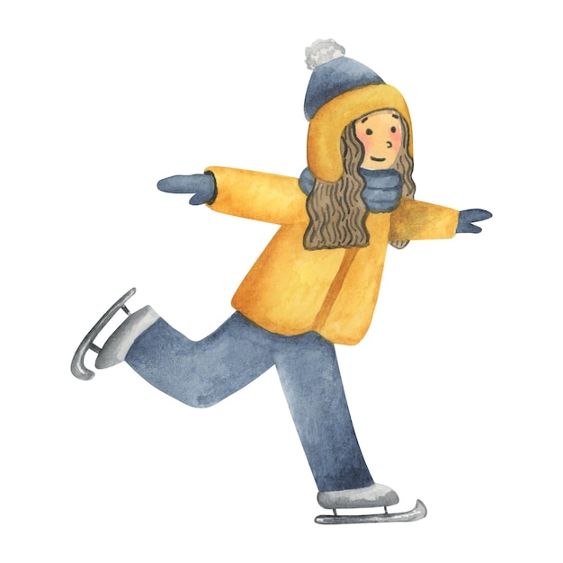 La niña está patinando Ilustración de acuarela para niños sobre un fondo blanco Escena de invierno