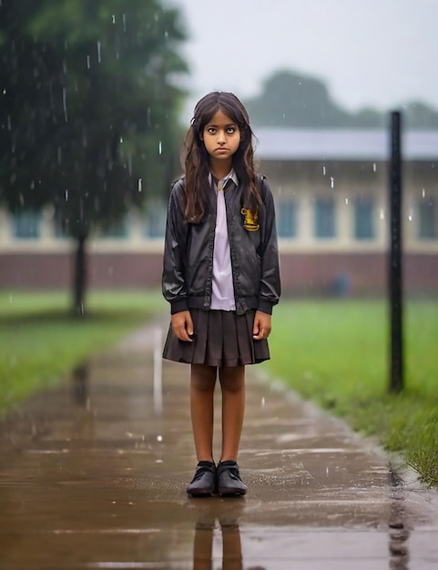 Una niña está de pie en un campo de la escuela ahora que está lloviendo