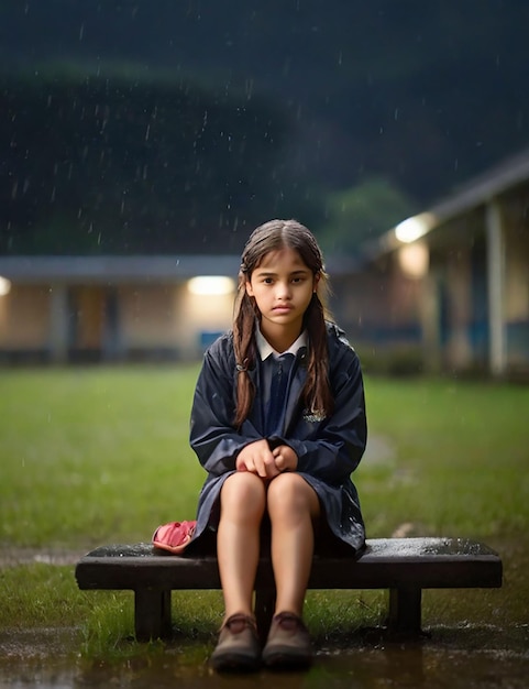 Una niña está de pie en un campo de la escuela ahora que está lloviendo