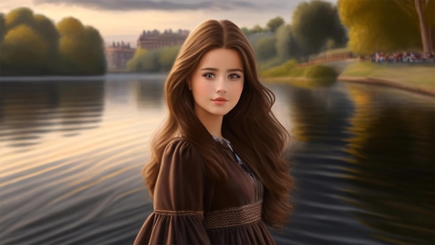 Una niña está de pie en la orilla del río.