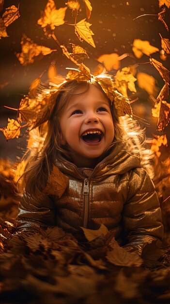 una niña se está riendo en las hojas del otoño