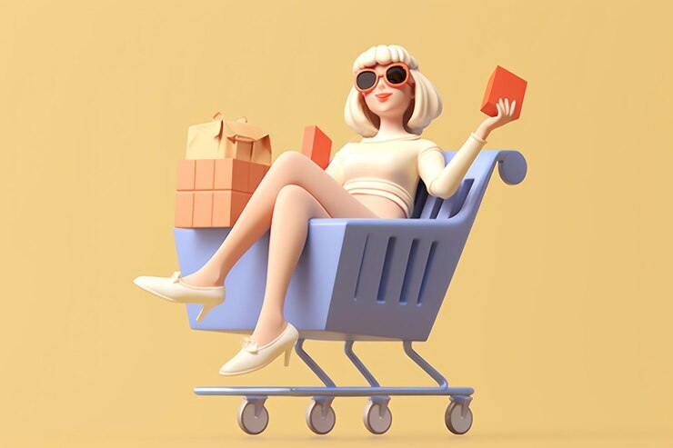 Una niña está sentada en un carrito de compras fondo beige icono 3d renderizado de arcilla IA generativa