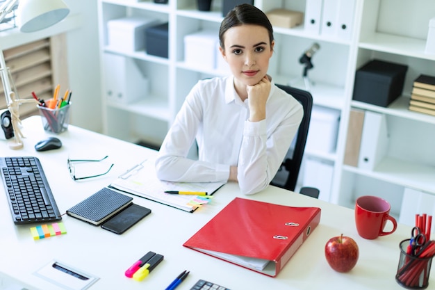 Una niña está sentada en el escritorio de la computadora en la oficina.