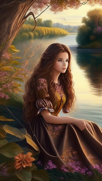 Una niña está sentada en la orilla del río.