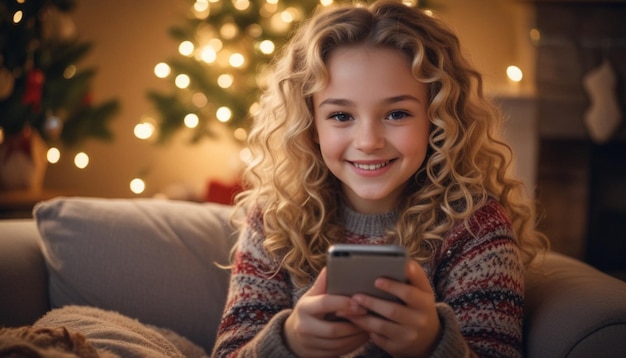 una niña está sonriendo y mirando un teléfono