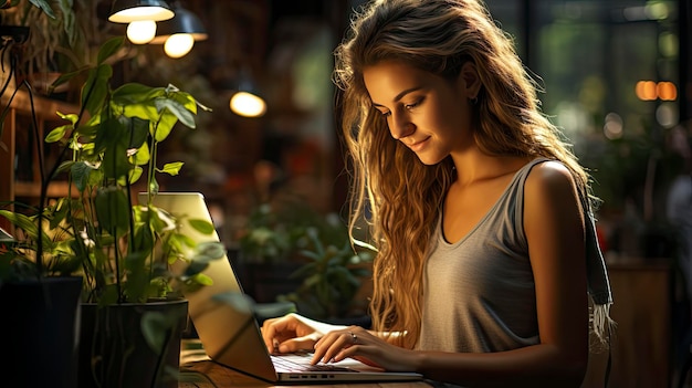 una niña está trabajando en una computadora portátil y está escribiendo en una computadora portátil.