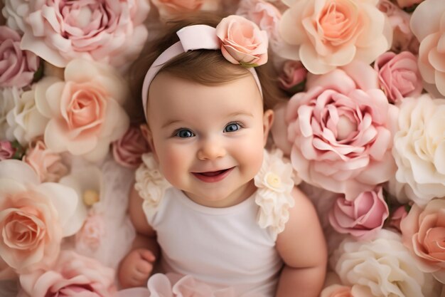 La niña estaba envuelta en un hilo blanco de crema con pequeños arcos en una canasta decorada con telas beige y flores.