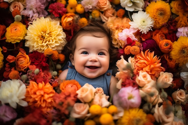 La niña estaba envuelta en un hilo blanco de crema con pequeños arcos en una canasta decorada con telas beige y flores.