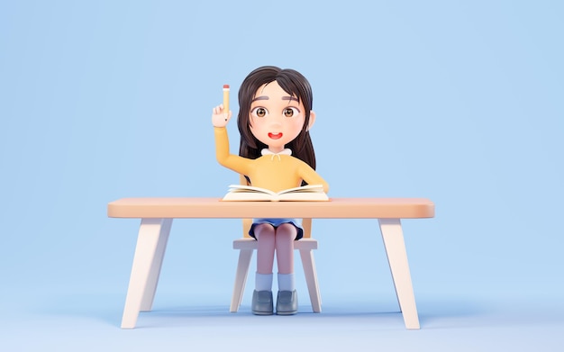 La niña estudia mucho aprendiendo en el escritorio renderizado 3d