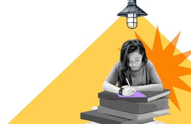 Niña estudiando pegatina png educación fondo transparente