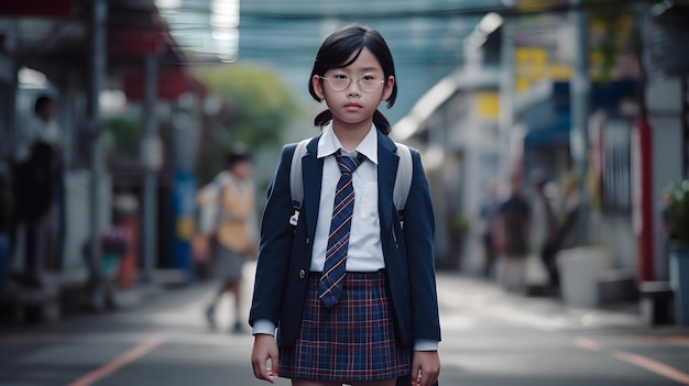 Niña estudiante asiática con mochila Concepto de regreso a la escuela generado por la IA