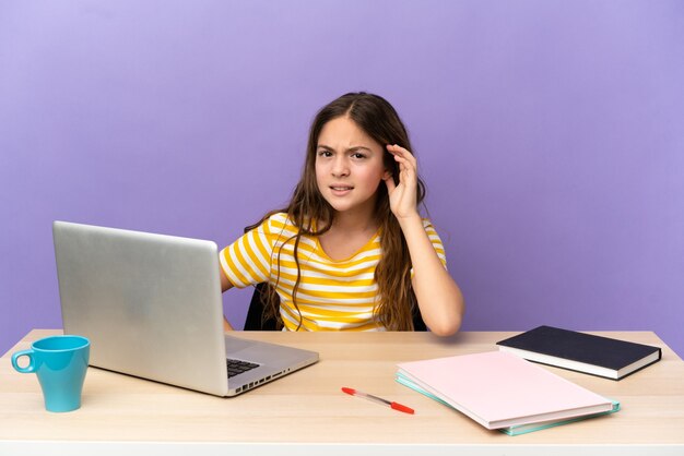 Niña estudiante en un lugar de trabajo con una computadora portátil aislada sobre fondo púrpura escuchando algo poniendo la mano en la oreja