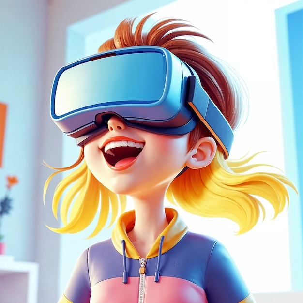 Niña experimentando la realidad virtual con auriculares de realidad virtual