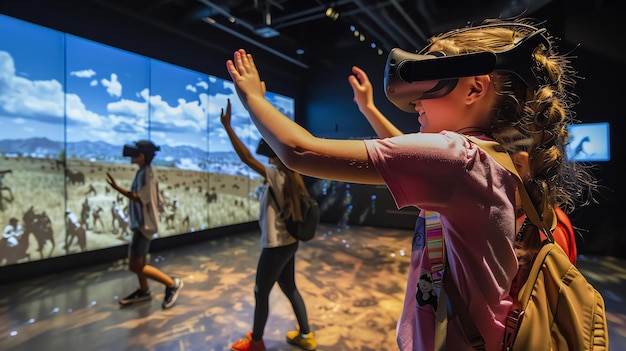 Foto niña explorando la realidad virtual con gestos con las manos frente a una pantalla grande