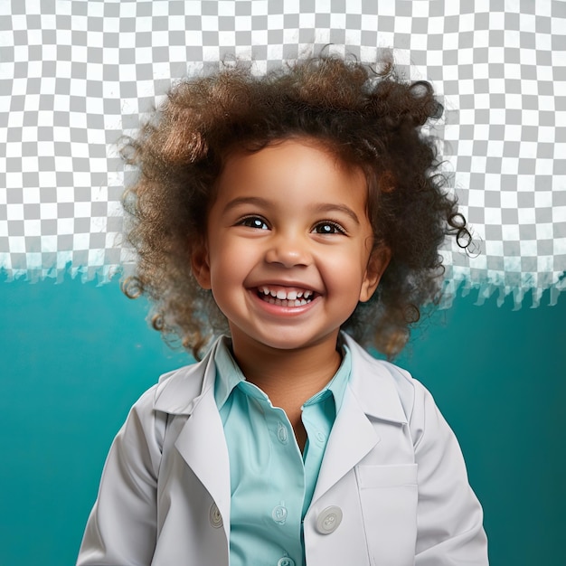 Una niña extática Toddle con cabello rizado de la etnia isleña del Pacífico vestida con atuendo de quiropráctico posa con una cabeza inclinada con un estilo de sonrisa sobre un fondo turquesa pastel