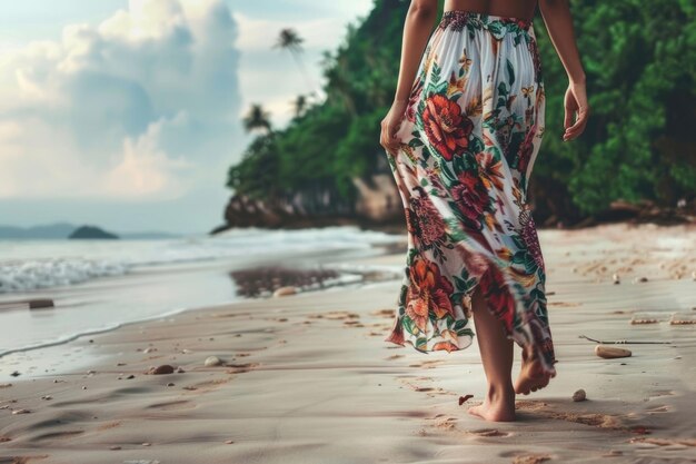 Niña con falda de estilo bohemia caminando por la playa de Phuket