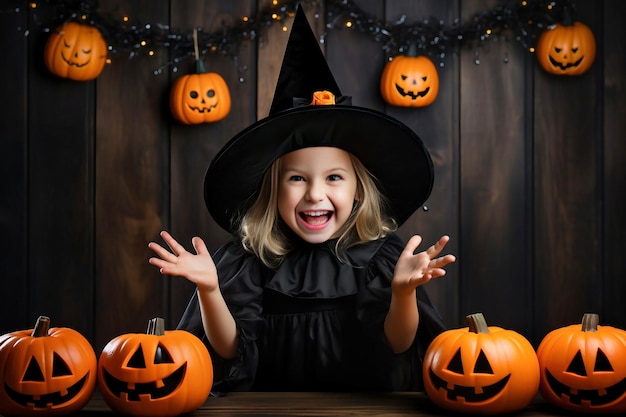 Una niña feliz y alegre vestida como una bruja o una hechicera malvada maquillada se divierte en la celebración de Halloween Traje festivo Jack Lantern