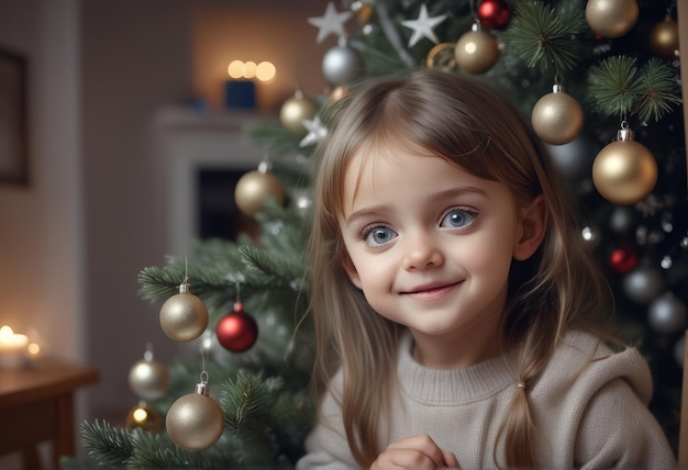 niña feliz con árbol de navidadniña feliz con árbol de navidadlindo niño con luces de navidad en