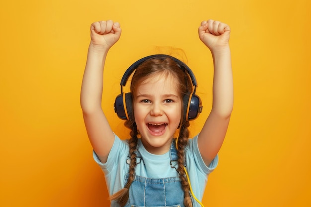 Niña feliz con auriculares jugando a un videojuego con expresión de ganador en fondo de color sólido