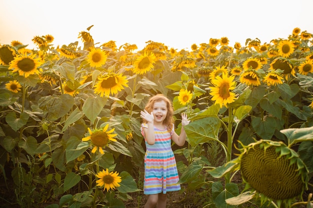 Niña feliz caminando en girasoles. Hermoso día de verano.