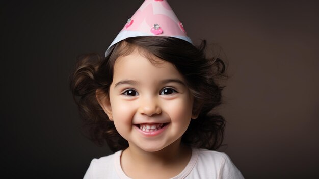 Una niña feliz celebra su cumpleaños con una gorra sobre un fondo colorido