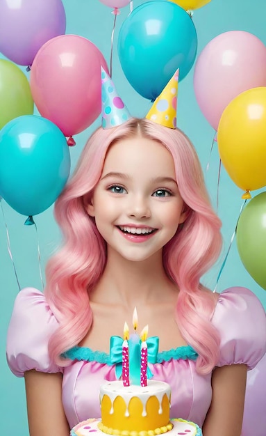 Niña feliz celebrando su cumpleaños con pastel y globos