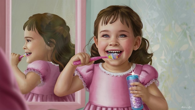 Niña feliz cepillándose los dientes con un cepillo de dientes