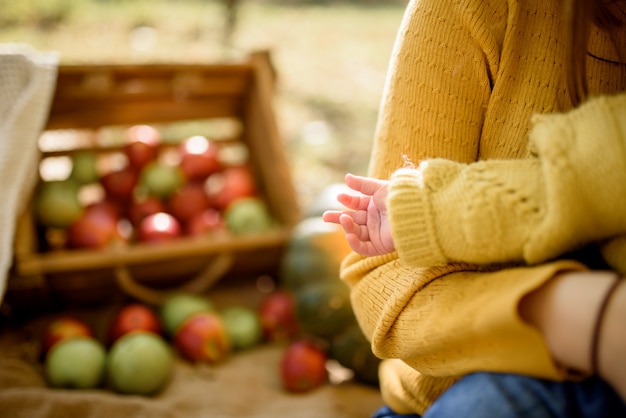 Niña feliz con una cesta con manzanas al aire libre en el parque otoño