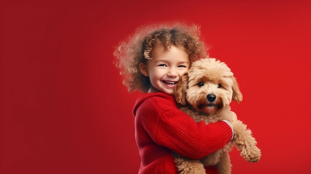 Niña feliz de cinco años abrazando a un cachorro aislado en el espacio de copia de fondo rojo AIgenerated